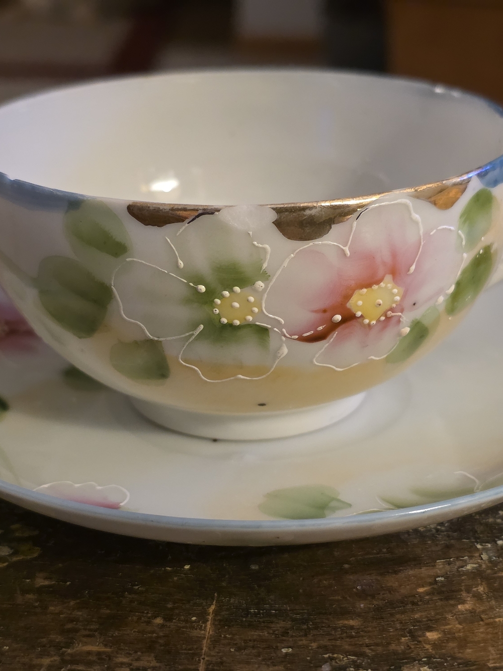 Hand-Painted Floral Porcelain Teacup and Saucer - Pink & Green